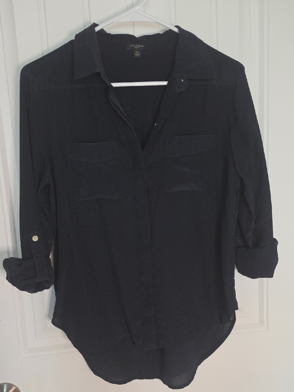 Ann Taylor Navy Silk Button Down Blouse